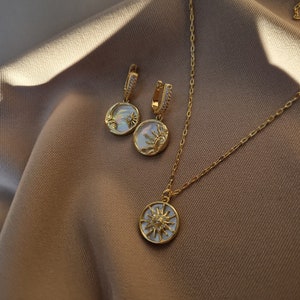 Sun and Moon Necklace Set, Celestial Earrings and Necklace, Mismatched Sun and Moon Earrings and Long Chain Sun Pendant Necklace image 1