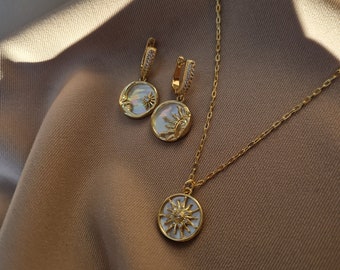 Sun and Moon Necklace Set, Celestial Earrings and Necklace, Mismatched Sun and Moon Earrings and Long Chain Sun Pendant Necklace