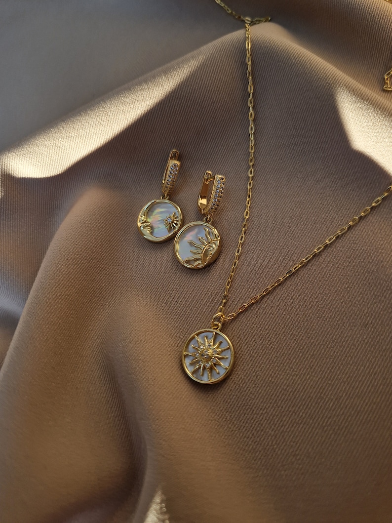 Sun and Moon Necklace Set, Celestial Earrings and Necklace, Mismatched Sun and Moon Earrings and Long Chain Sun Pendant Necklace image 1