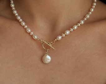 Baroque Pearl Pendant Necklace, Toggle Clasp Pearl Necklace with Pendant, Dainty Bridal Jewelry, Freshwater Pearls Jewelry, Bridesmaid Pearl