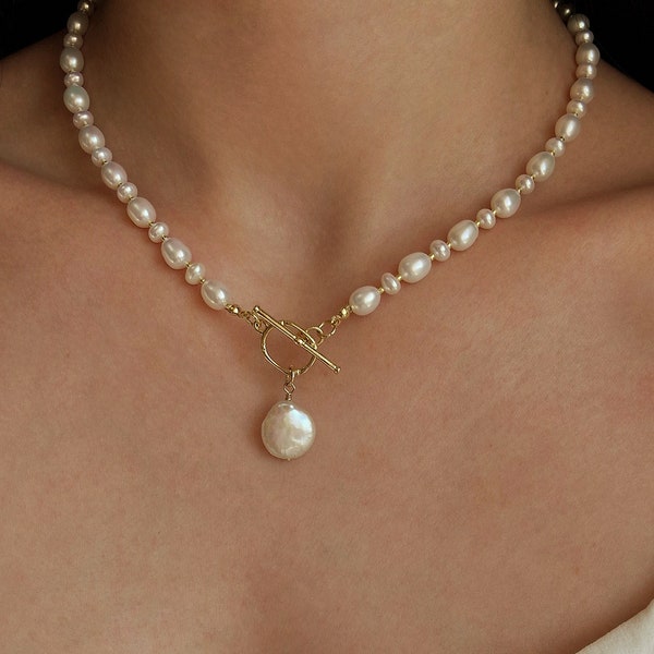 Baroque Pearl Pendant Necklace, Toggle Clasp Pearl Necklace with Pendant, Dainty Bridal Jewelry, Freshwater Pearls Jewelry, Bridesmaid Pearl