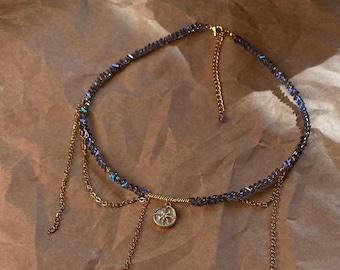 North Star Pendant Necklace, Bohemian Choker, Blue Glass Bead Necklace, Boho Jewelry, Sister Gift