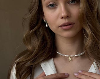 Dainty Letter Necklace, Pearl Drop Earrings, Initial Pendant Pearl Choker, Bridesmaid Jewelry Set, Bride to Be Gift, Wife Birthday Gift