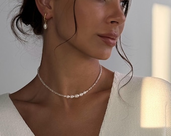 Delicate Bridal Seed Bead Choker, Wedding Pearl Necklace, Classic Pearl Earrings for Bride
