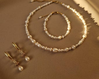 Bridal Pearl Jewelry Set, Gold and Pearl Chocker Necklace and Bracelet, Dainty Pearl Dangle Earrings