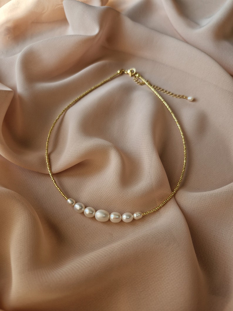 Dainty Pearl Choker Seed Beads, Gold Pearl Earrings, Bridal Jewelry Set, Delicate Wedding Necklace and Earrings for Bride or Bridesmaid image 4