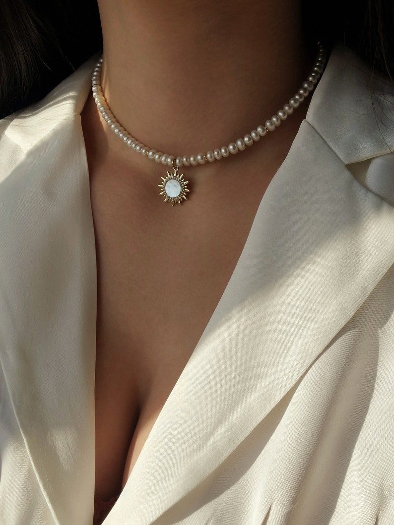 bohemian necklace, pearl necklace,sun pendant necklace