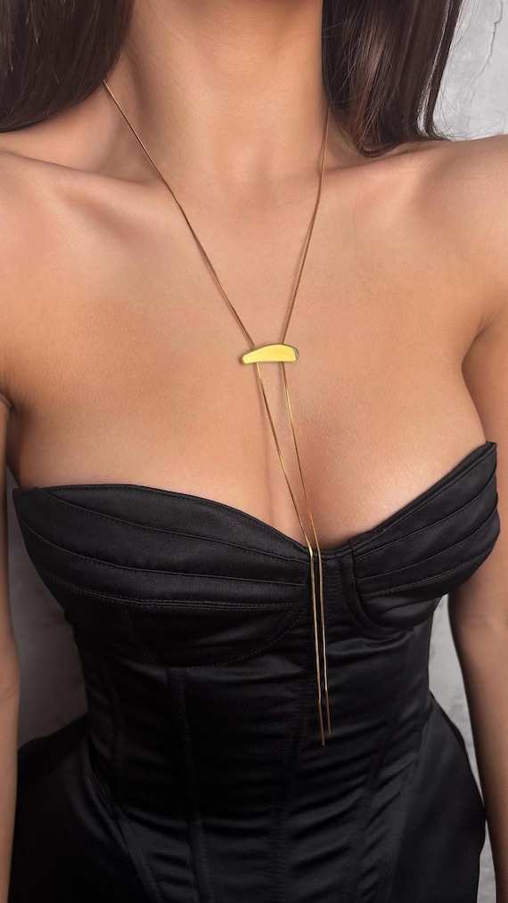 Slip Chain Lariat Necklace, Gold Snake Chain Bolo Tie, Art Deco Y Necklace, Rehearsal Dinner
