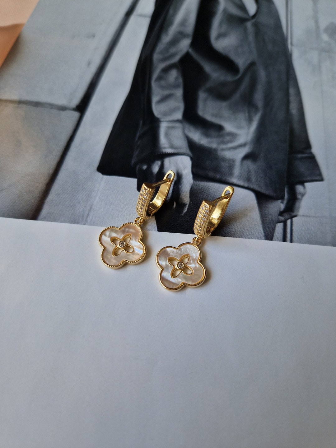 Clover Earrings Gold Plated Brass, Four Leaf Clover Earrings for Women ...