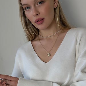 Layered Necklace Set - Pearl Choker and Sun Pendant Long Chain Necklace, Long Gold Earrings with Pearl, Dainty Jewelry for Her Birthday Gift image 6