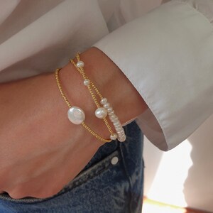 Dainty pearl triple bracelt, Pearls bracelet, Gold plated bracelet, Triple bracelet, Bracelet on three chains, Dainty brass bracelet image 4