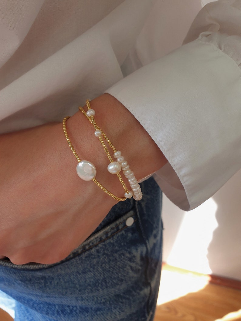 Dainty pearl triple bracelt, Pearls bracelet, Gold plated bracelet, Triple bracelet, Bracelet on three chains, Dainty brass bracelet image 4