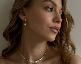 Dainty Pearl Choker Seed Beads, Gold Pearl Earrings, Bridal Jewelry Set, Delicate Wedding Necklace and Earrings for Bride or Bridesmaid