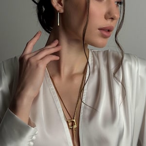 Art Deco Y Necklace for Rehearsal Dinner & Gold Lariat Stud Set image 3