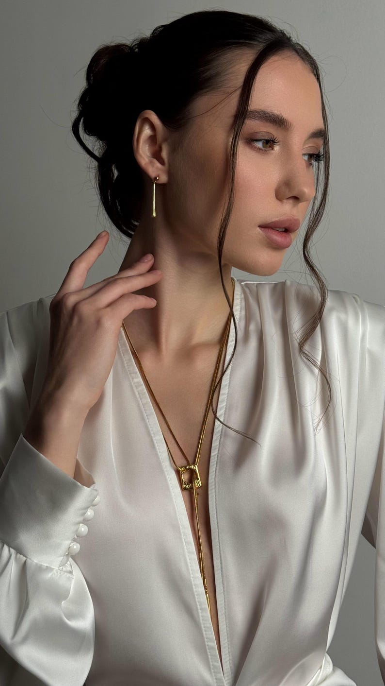 Art Deco Y Necklace for Rehearsal Dinner & Gold Lariat Stud Set image 3