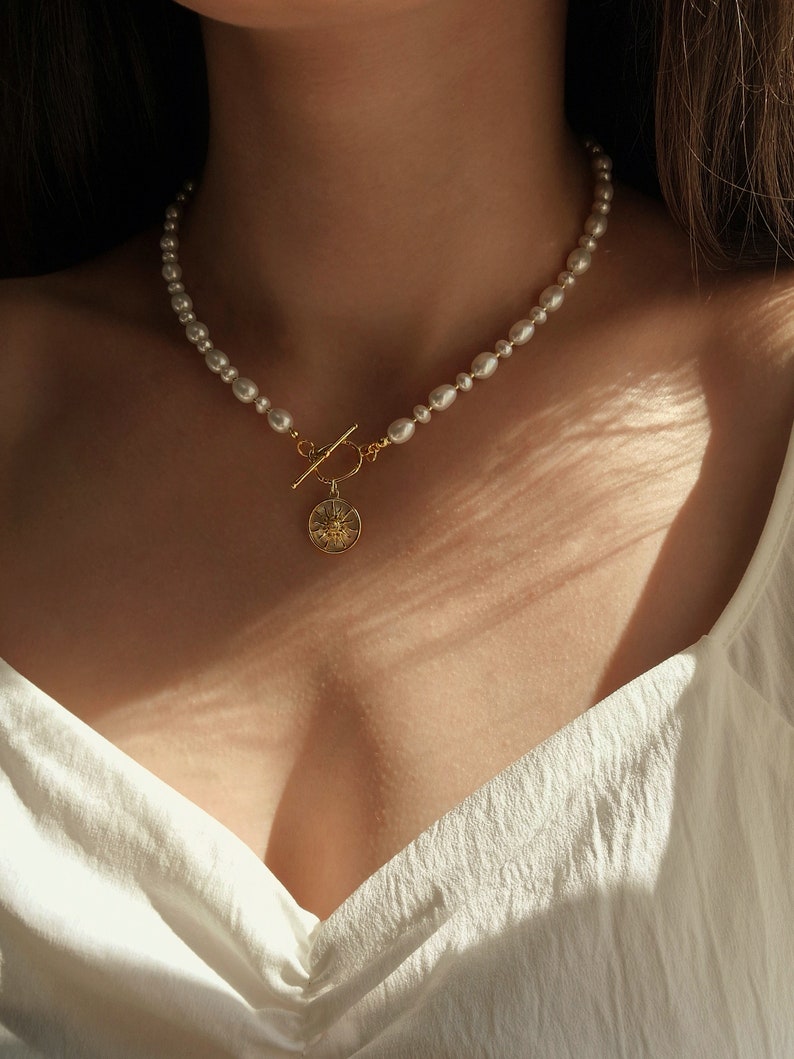 Celestial Jewelry, Sun Pendant Necklace and Gold Plated Mother of Pearl Earrings, Real Pearl Necklace, Freshwater Pearls image 6