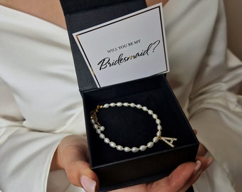 Pearl Initial Letter Bracelet, Will You Be My Bridesmaid Proposal Gift from Bride