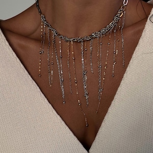 Mixed Metal Fringe Necklace, Two Tone Statement Choker & Rectangular Hoops image 17