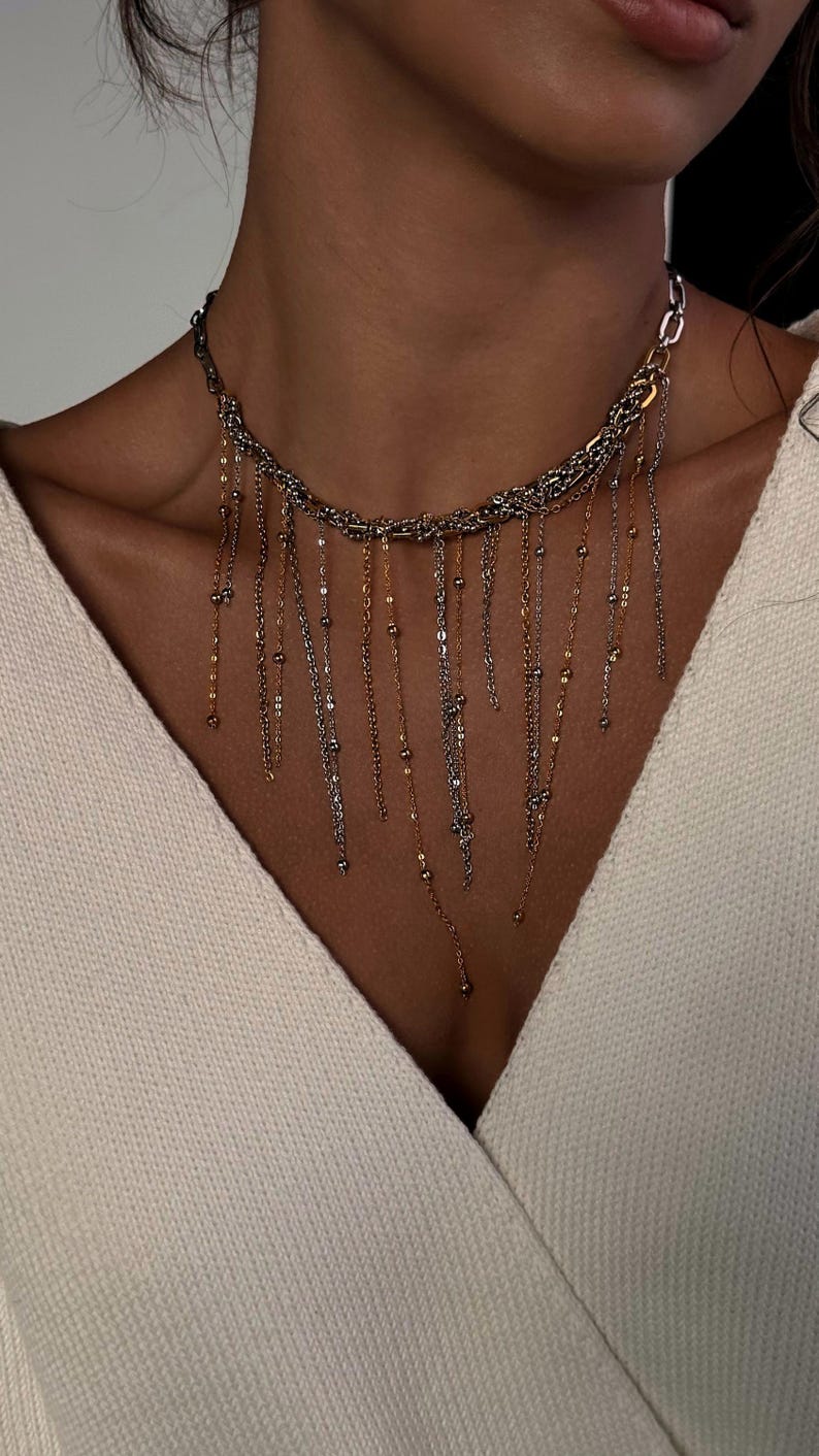 Mixed Metal Fringe Necklace, Two Tone Statement Choker & Rectangular Hoops image 17
