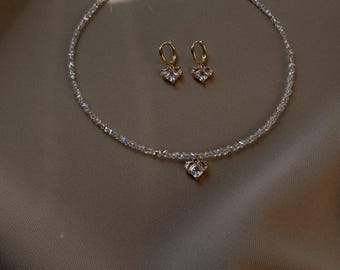 Conjunto de joyería para graduación con colgante de corazón de cristal y collar de corazón transparente