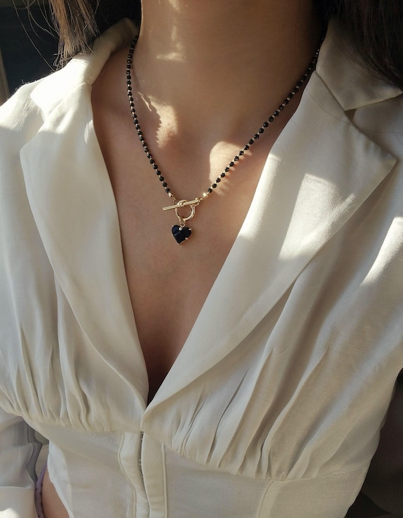 Black Spinel Necklace with Heart Pendant, Toggle Necklace for Women, Wife Anniversary Gift, Dainty Long Necklace, Gemstone Jewelry for Her