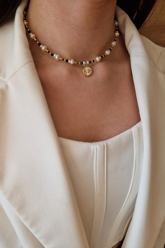 Celestial Pearl & Malachite Necklace Set, Starburst Pendant Choker, Green Gemstone Earrings