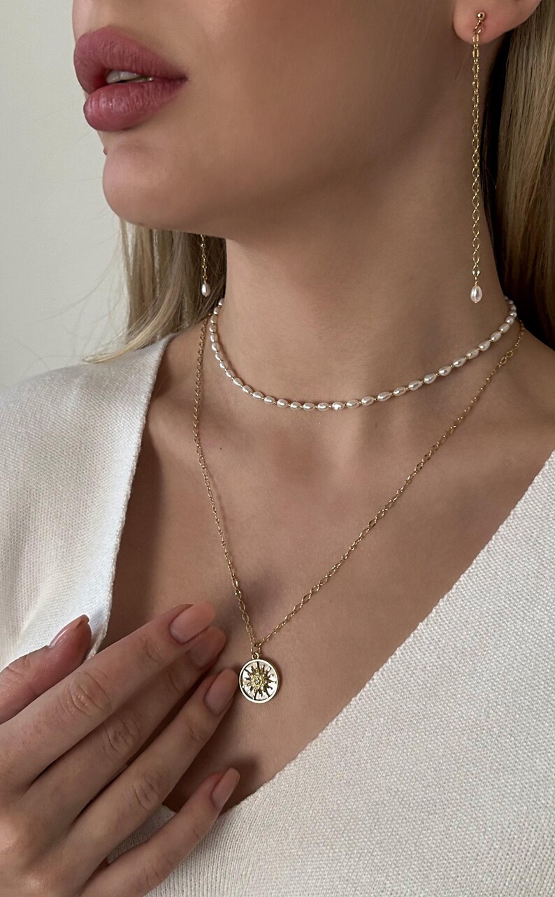 Layered Necklace Set - Pearl Choker and Sun Pendant Long Chain Necklace, Long Gold Earrings with Pearl, Dainty Jewelry for Her Birthday Gift image 8