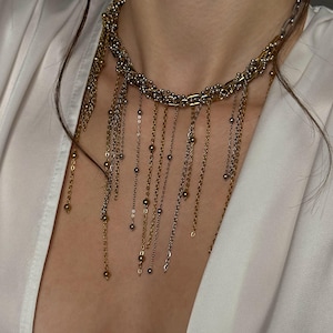 Mixed Metal Fringe Necklace, Two Tone Statement Choker & Rectangular Hoops image 2