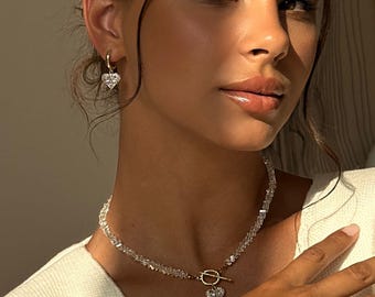 Heart Pendant Crystal Choker, Dangle Heart Earrings, Dainty Toggle Necklace, Fine Jewelry Set, Girlfriend Valentine Gift