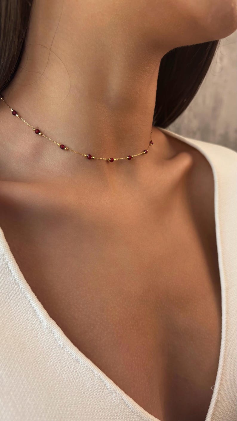 Natural Garnet Chain Choker Necklace, Gold Plated Necklace for Women image 3