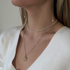 Layered Necklace Set - Pearl Choker and Sun Pendant Long Chain Necklace, Long Gold Earrings with Pearl, Dainty Jewelry for Her Birthday Gift image 3