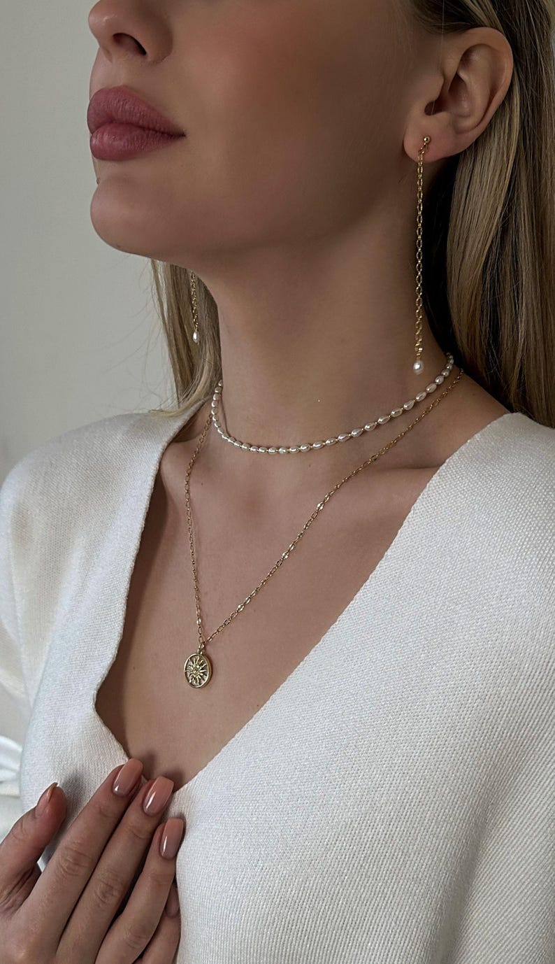 Layered Necklace Set - Pearl Choker and Sun Pendant Long Chain Necklace, Long Gold Earrings with Pearl, Dainty Jewelry for Her Birthday Gift image 3