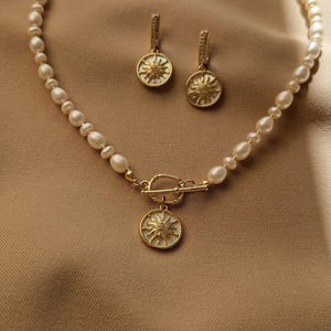 Celestial Pendant Pearl Toggle Necklace and Gold Plated Sun Earrings Set, Wedding Boho Bridal Jewelry, Clean Girl Aesthetic Pearl Choker image 8