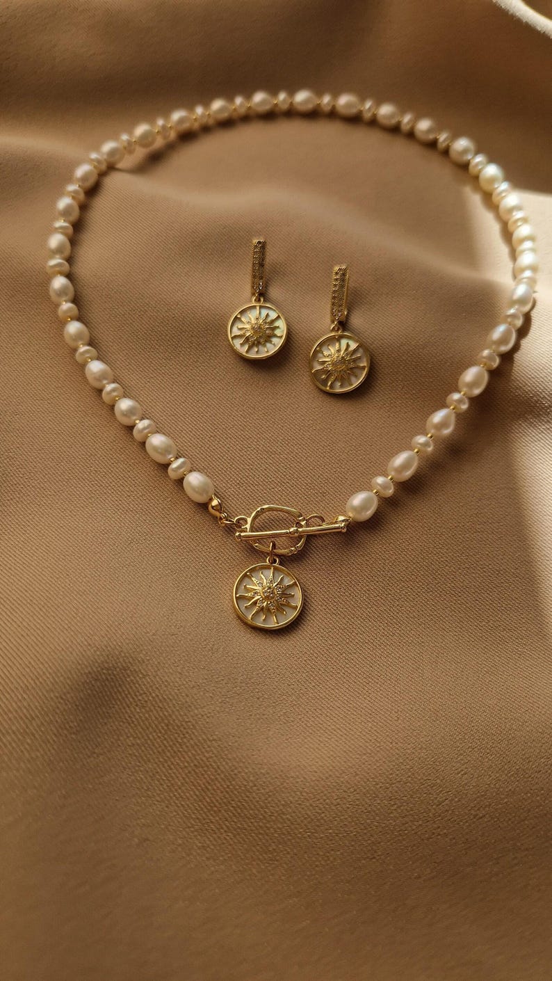 Celestial Pendant Pearl Toggle Necklace and Gold Plated Sun Earrings Set, Wedding Boho Bridal Jewelry, Clean Girl Aesthetic Pearl Choker image 8