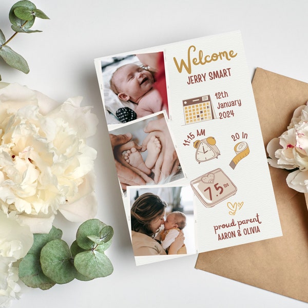 Brown Illustrated Polaroid Frames Baby Announcement Modern Minimalist Birth Announcement | Elegant Photo Baby Announcement Card