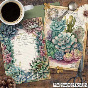 Suculentas Cactos Botânica, Cartões, TAGS, ATC, Cartões Digitais Imprimíveis, Vintage, Papéis para Artesanato, Scrapbook, Junk Journal,