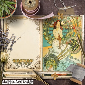 Papéis, Mucha, Cartões Digitais Imprimíveis, Vintage, Cartões, Senhoras, Artesanato, Moda, Scrapbook, Diário de Junção, TAGS,