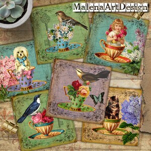 Cartão, Cartões Digitais Imprimíveis, Vintage, Papéis para Artesanato, Scrapbook, Diário de Lixo, Etiquetas, Download, Pássaros, Copos, Inclui imprimíveis de PRESENTE!