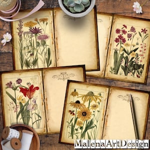 Botânico, ATC, Cartões Digitais Imprimíveis, Flores, Papéis para Artesanato, Vintage, Scrapbook, Junk Journal, Papéis