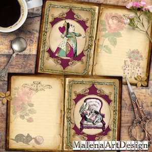 Junk Journal, Alice no País das Maravilhas, Papéis, Cartões Digitais Imprimíveis, CARTÃO, Papéis para Artesanato, Vintage, Scrapbook, Inclui imprimíveis de PRESENTE