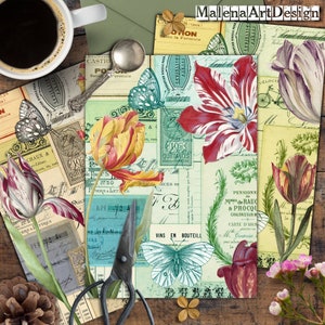 Colagem de tulipas, Papéis, Vintage, CARTÃO, Cartões Digitais Imprimíveis, Papéis para Artesanato, Scrapbook, Junk Journal