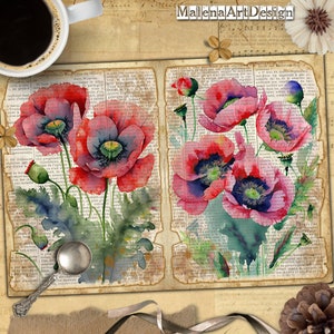 Papiers, coquelicots, fleurs, botanique, vintage, CARTE, cartes numériques à imprimer, papiers pour travaux manuels, scrapbooking, journal indésirable,