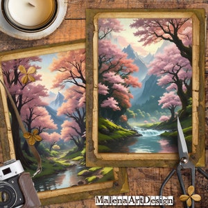 Aquarela, Paisagem, Cartões Digitais Imprimíveis, Vintage, Cartões, Etiquetas, Papéis para Artesanato, Scrapbook, Diário de Junk,