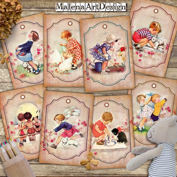 Children playing , CARD, Digital Cards Printables, Vintage, Papers For Crafts,  Scrapbook, TAGS , Junk Journal, Includes GIFT printables!