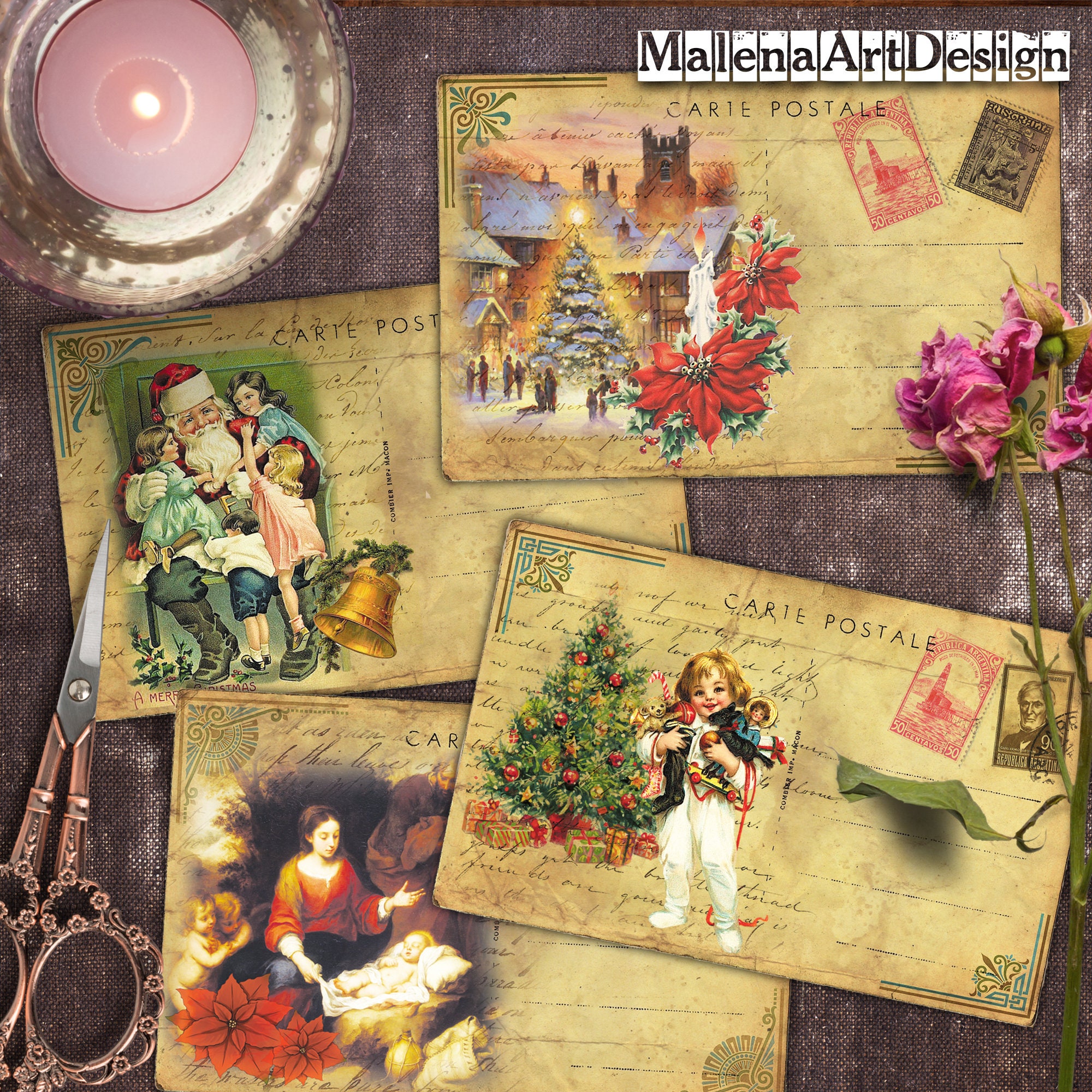 Christmas Card ATC TAGS Digital Cards Printables Vintage - Etsy