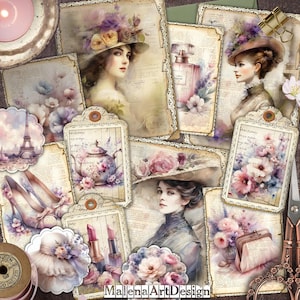 Imprimíveis do diário de lixo, Cartões, Vintage, Scrapbook, Diário de Lixo, kit diário de lixo, adesivos de diário de lixo, Senhoras e acessórios
