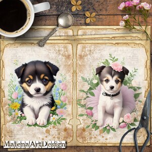 Papéis, Filhotes, Cães, Flores, Vintage, Cartões Digitais Imprimíveis, Papéis para Artesanato, Scrapbook, Junk Journal