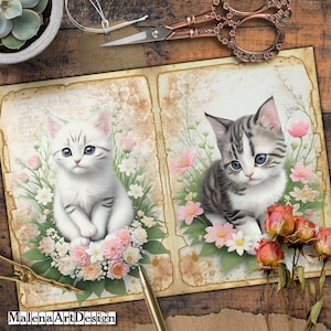 Papéis, Gatinhos, Flores, Vintage, Cartões Digitais Imprimíveis, Papéis para Artesanato, Scrapbook, Junk Journal