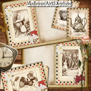 Alice no País das Maravilhas, Vintage, CARTÕES, Cartões Digitais Imprimíveis, Diário de Lixo, Papéis para Artesanato, Scrapbook, Papéis
