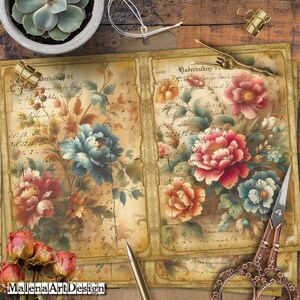 Papéis, Flores, Botânico, Vintage, Cartões Digitais Imprimíveis, Papéis para Artesanato, Scrapbook, Junk Journal,